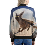Halloween Flying Witch Cat Print Women's Bomber Jacket