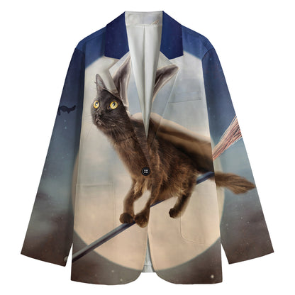 Halloween Flying Witch Cat Print Women's Cotton Blazer