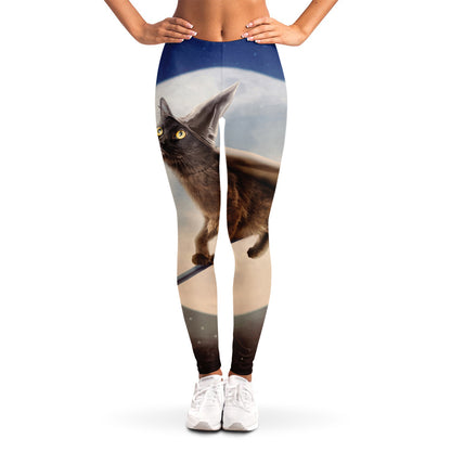 Halloween Flying Witch Cat Print Women's Leggings