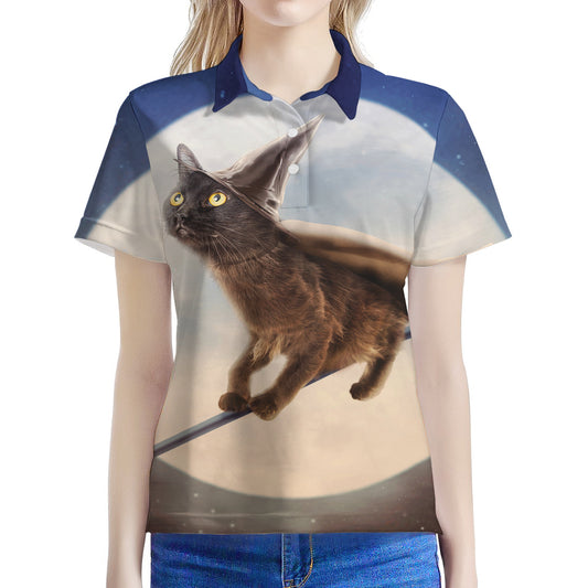 Halloween Flying Witch Cat Print Women's Polo Shirt