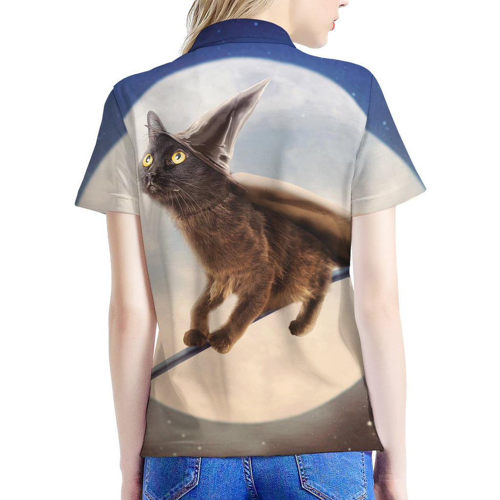 Halloween Flying Witch Cat Print Women's Polo Shirt