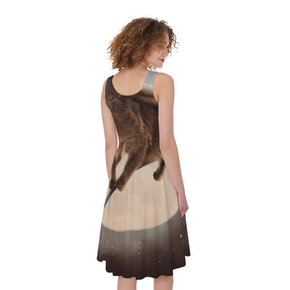 Halloween Flying Witch Cat Print Women's Sleeveless Dress