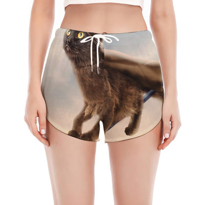 Halloween Flying Witch Cat Print Women's Split Running Shorts