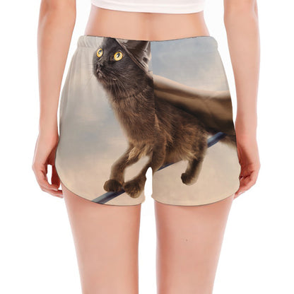 Halloween Flying Witch Cat Print Women's Split Running Shorts