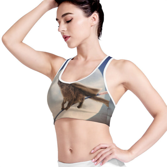 Halloween Flying Witch Cat Print Women's Sports Bra