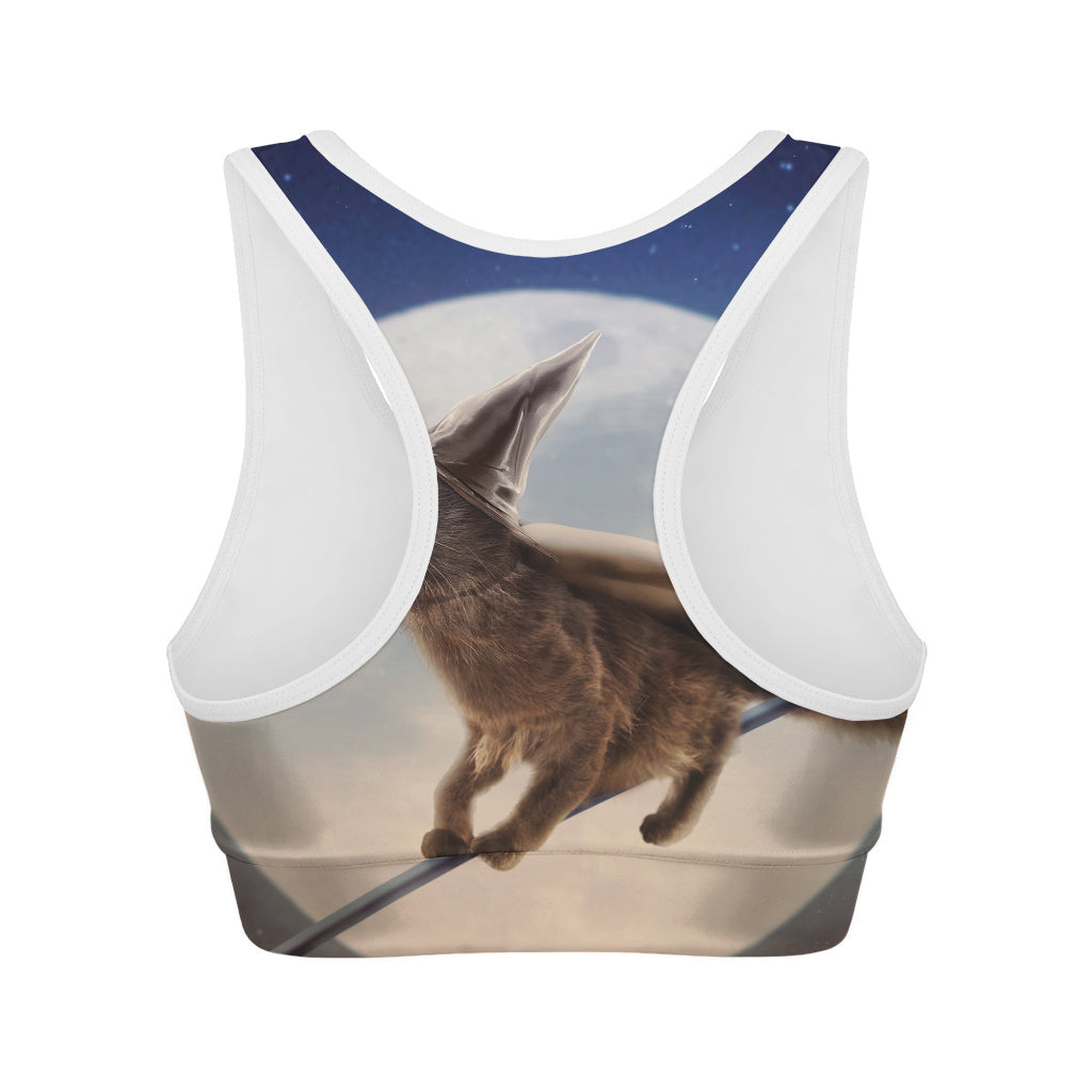 Halloween Flying Witch Cat Print Women's Sports Bra