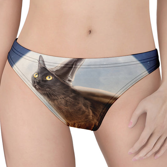 Halloween Flying Witch Cat Print Women's Thong