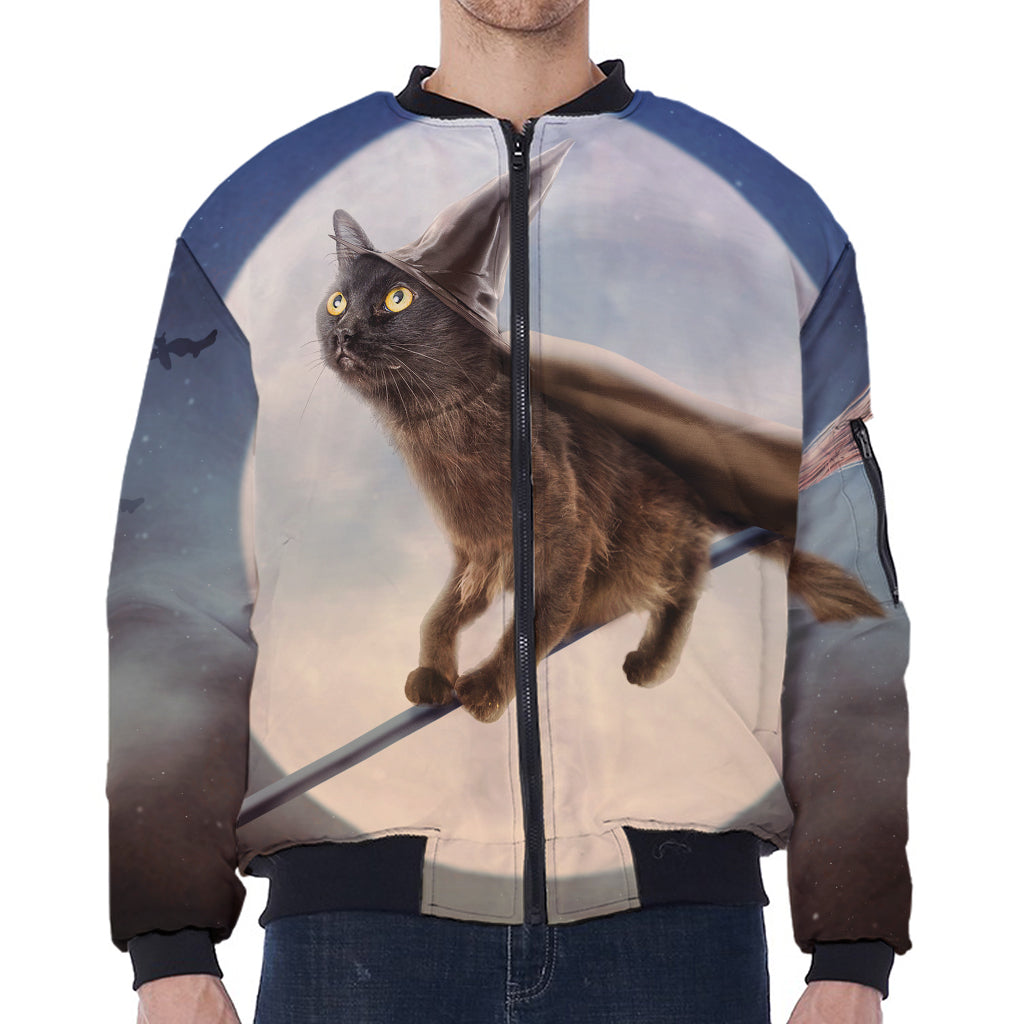 Halloween Flying Witch Cat Print Zip Sleeve Bomber Jacket