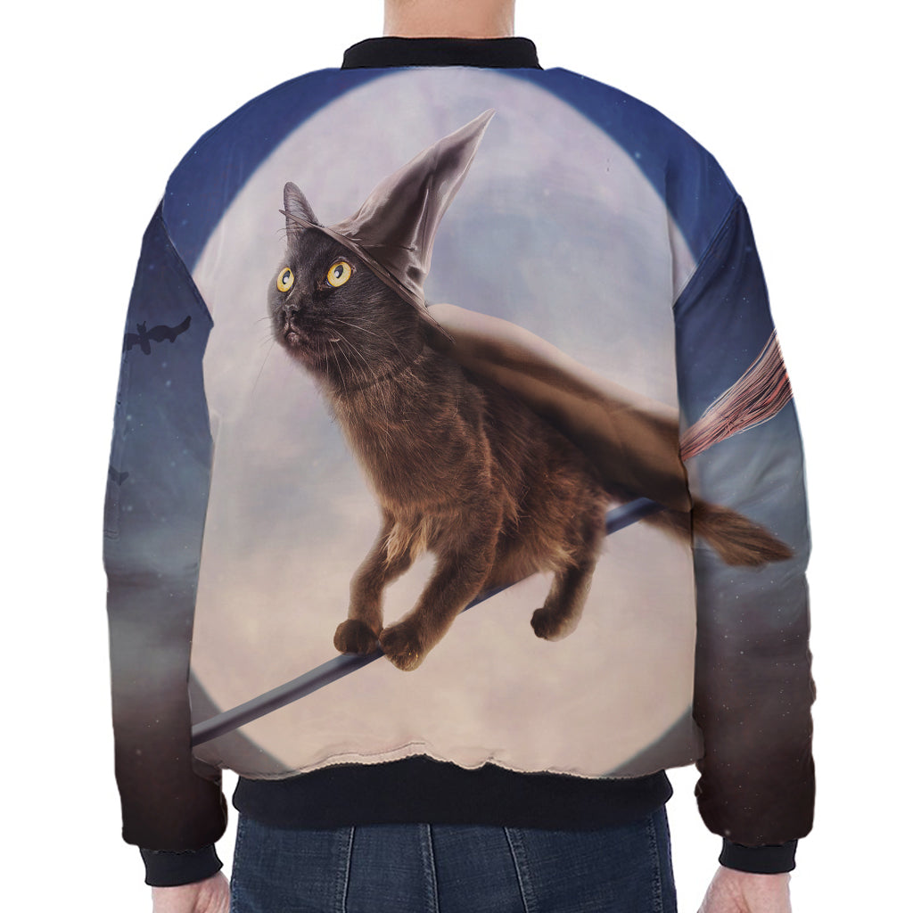 Halloween Flying Witch Cat Print Zip Sleeve Bomber Jacket