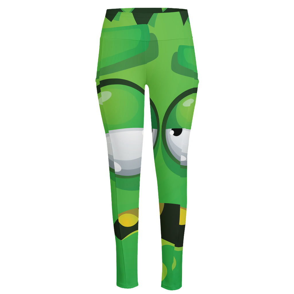 Halloween Frankenstein Face Print High-Waisted Pocket Leggings