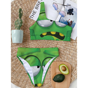 Halloween Frankenstein Face Print One Shoulder Bikini Top