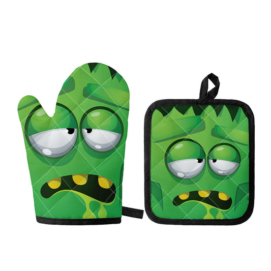 Halloween Frankenstein Face Print Oven Mitt And Pot Holder Set