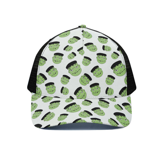 Halloween Frankenstein Pattern Print Black Mesh Trucker Cap