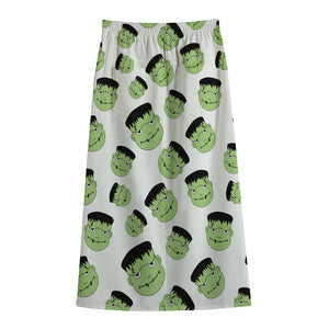 Halloween Frankenstein Pattern Print Cotton Front Slit Maxi Skirt