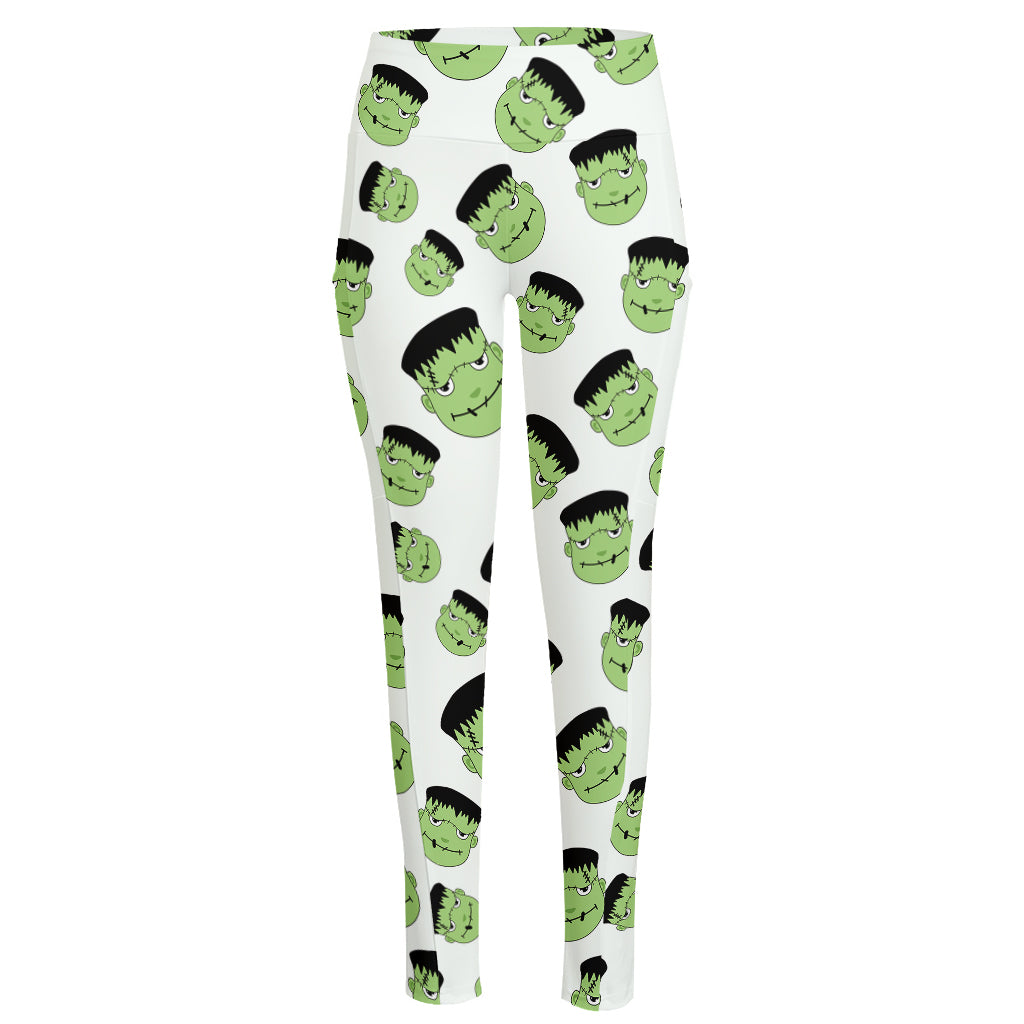 Halloween Frankenstein Pattern Print High-Waisted Pocket Leggings