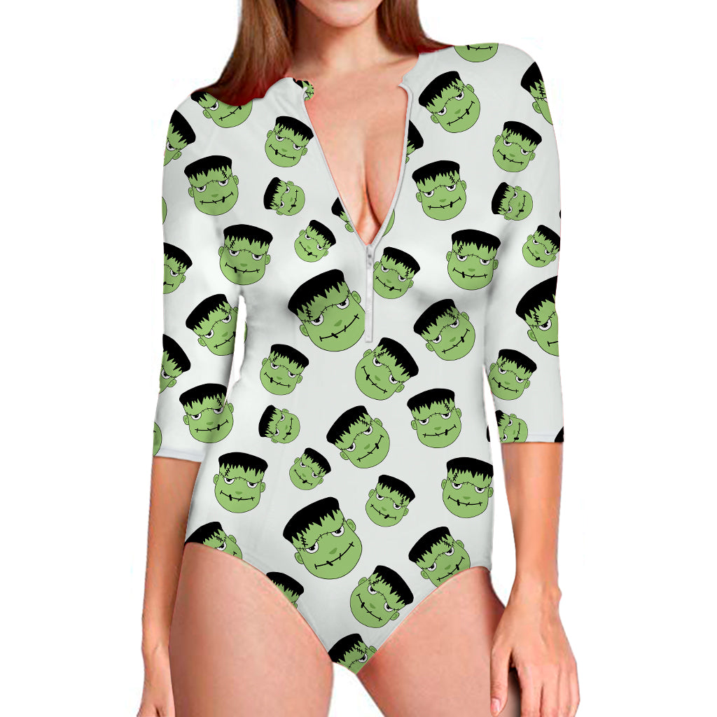 Halloween Frankenstein Pattern Print Long Sleeve Swimsuit