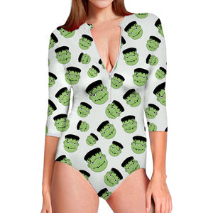 Halloween Frankenstein Pattern Print Long Sleeve Swimsuit