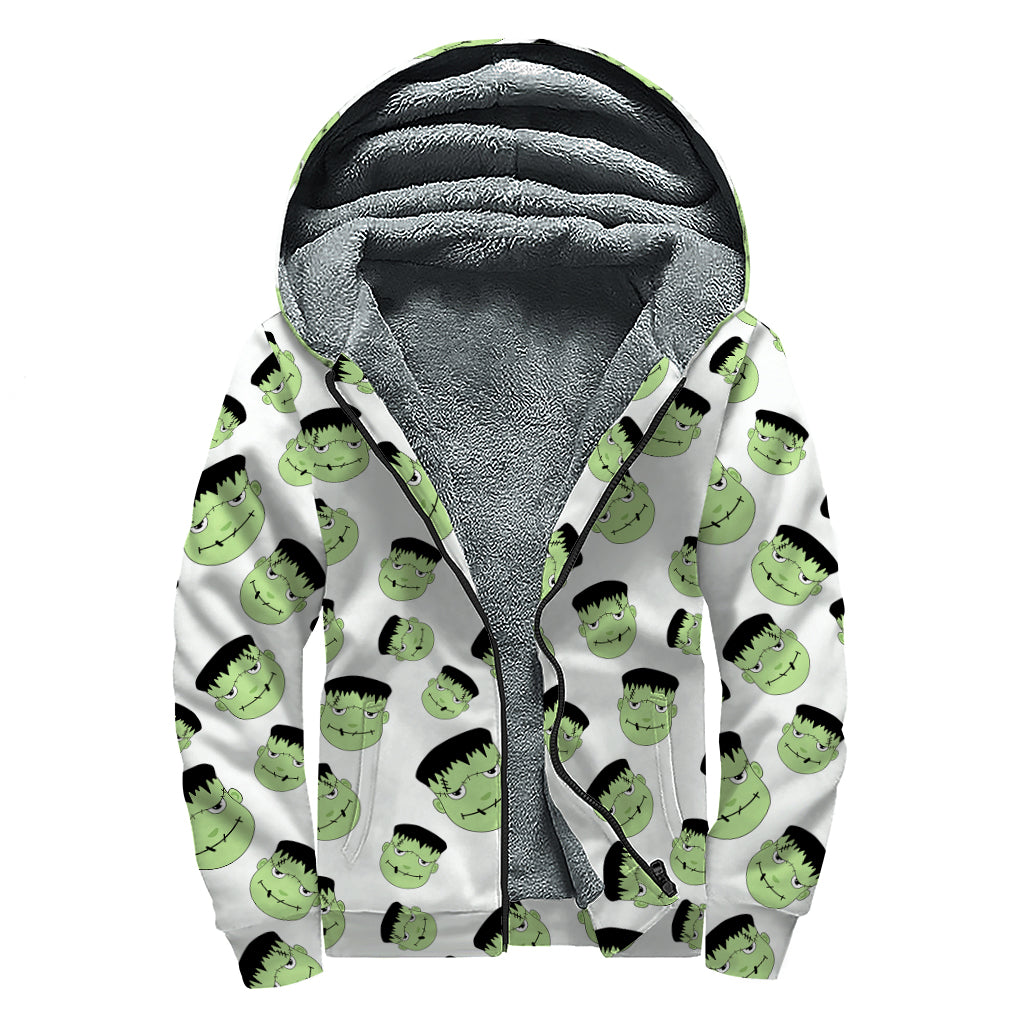 Halloween Frankenstein Pattern Print Sherpa Lined Zip Up Hoodie
