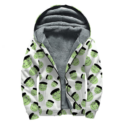 Halloween Frankenstein Pattern Print Sherpa Lined Zip Up Hoodie