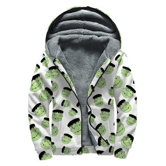 Halloween Frankenstein Pattern Print Sherpa Lined Zip Up Hoodie