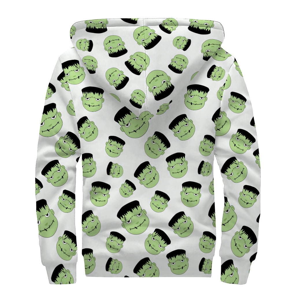 Halloween Frankenstein Pattern Print Sherpa Lined Zip Up Hoodie