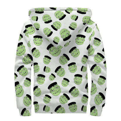 Halloween Frankenstein Pattern Print Sherpa Lined Zip Up Hoodie