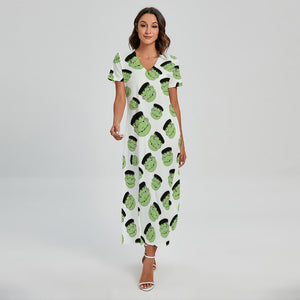 Halloween Frankenstein Pattern Print Short Sleeve Maxi Dress