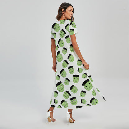 Halloween Frankenstein Pattern Print Short Sleeve Maxi Dress