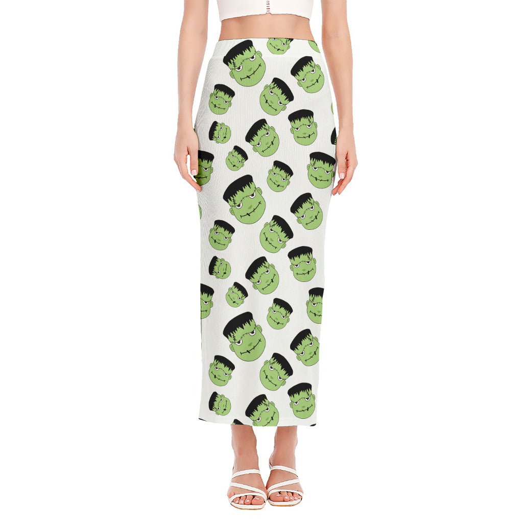 Halloween Frankenstein Pattern Print Side Slit Maxi Skirt