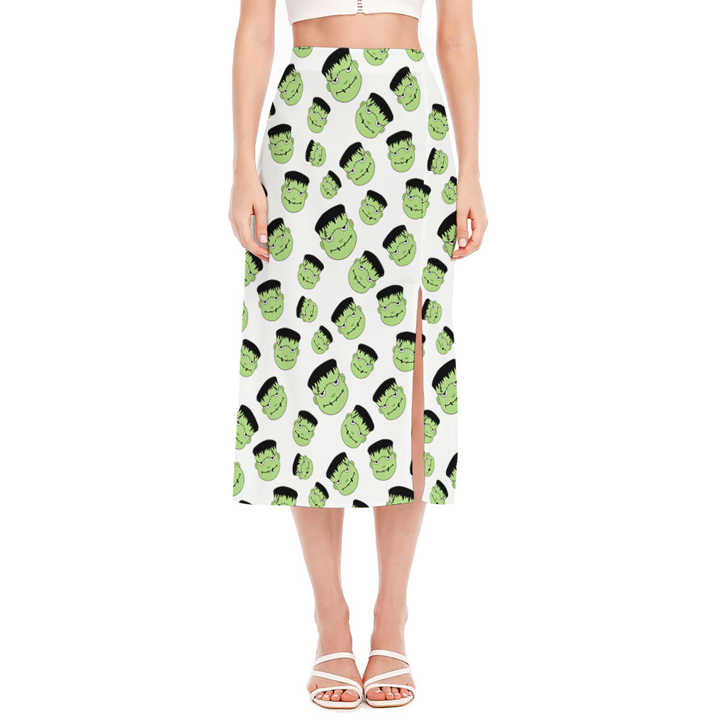 Halloween Frankenstein Pattern Print Side Slit Midi Skirt