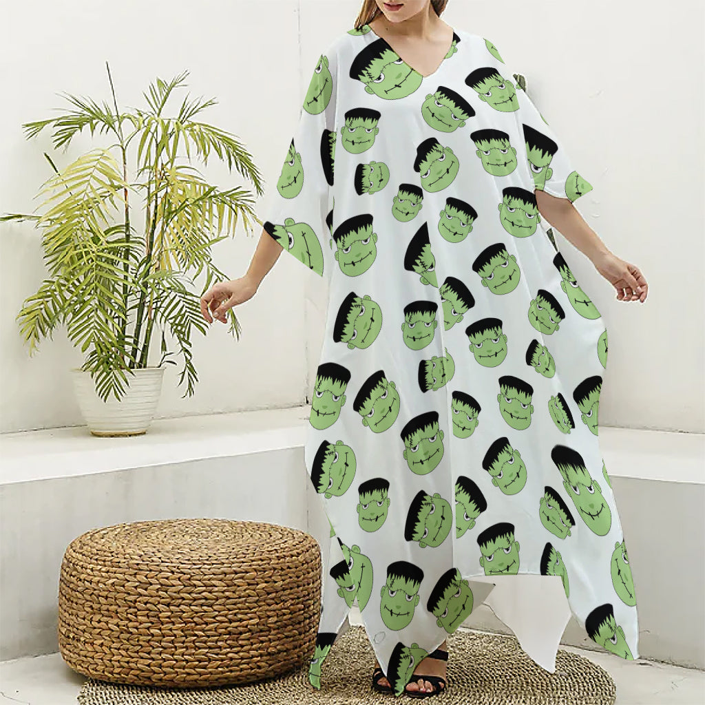 Halloween Frankenstein Pattern Print Silk V-Neck Kaftan Dress