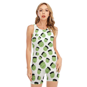 Halloween Frankenstein Pattern Print Sleeveless One Piece Swimsuit