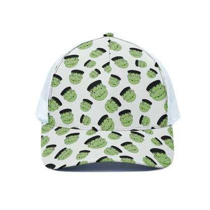 Halloween Frankenstein Pattern Print White Mesh Trucker Cap