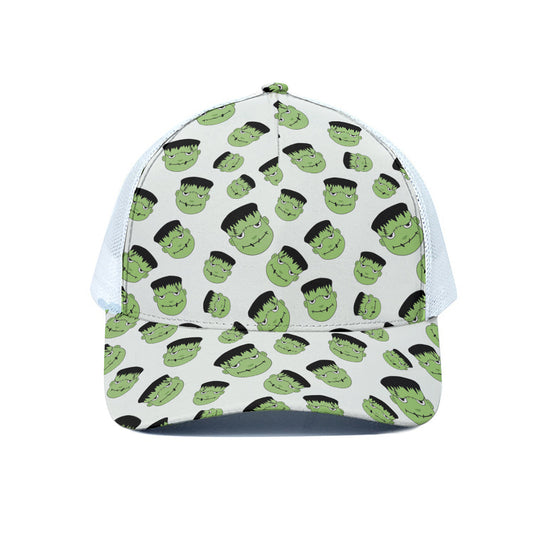 Halloween Frankenstein Pattern Print White Mesh Trucker Cap