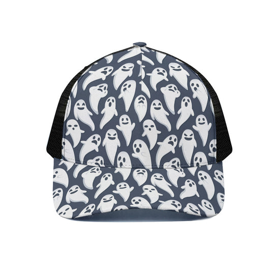 Halloween Ghost Pattern Print Black Mesh Trucker Cap