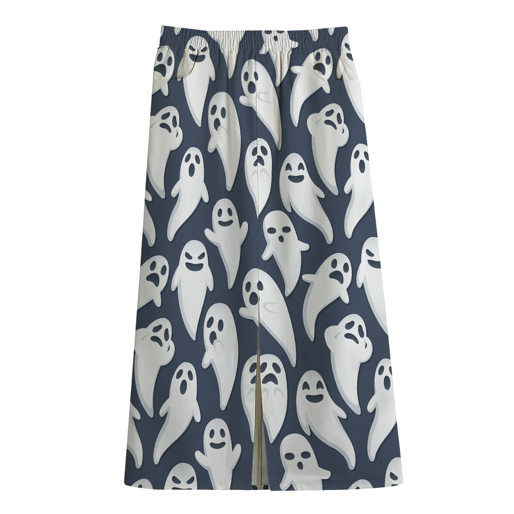 Halloween Ghost Pattern Print Cotton Front Slit Maxi Skirt