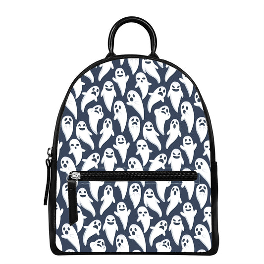 Halloween Ghost Pattern Print Leather Backpack