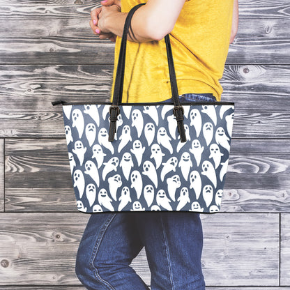 Halloween Ghost Pattern Print Leather Tote Bag