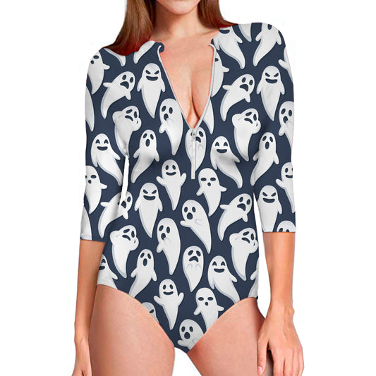 Halloween Ghost Pattern Print Long Sleeve Swimsuit