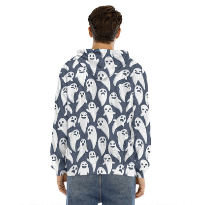 Halloween Ghost Pattern Print Men's Velvet Pullover Hoodie