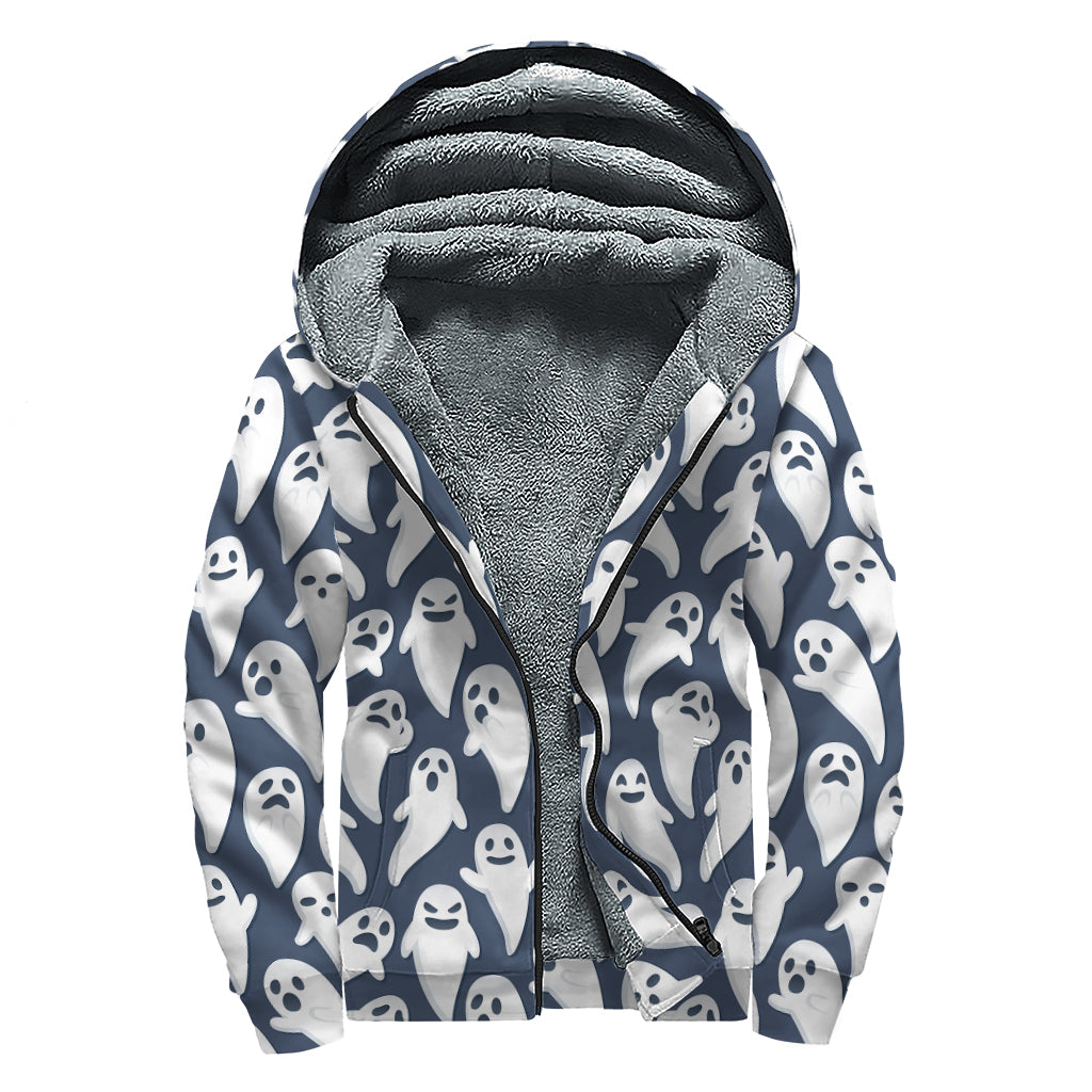 Halloween Ghost Pattern Print Sherpa Lined Zip Up Hoodie