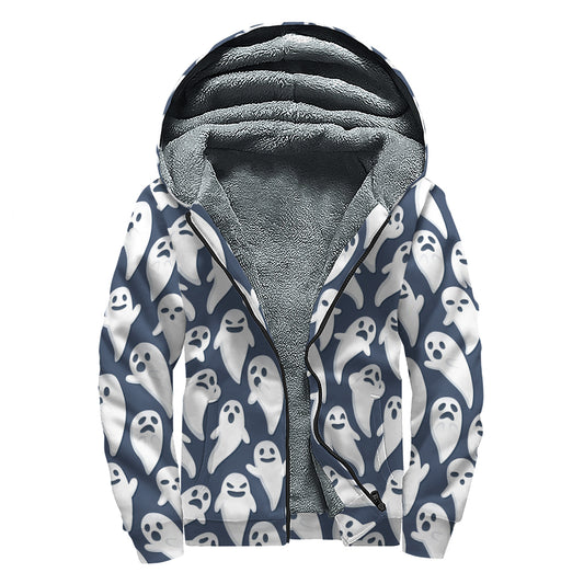 Halloween Ghost Pattern Print Sherpa Lined Zip Up Hoodie