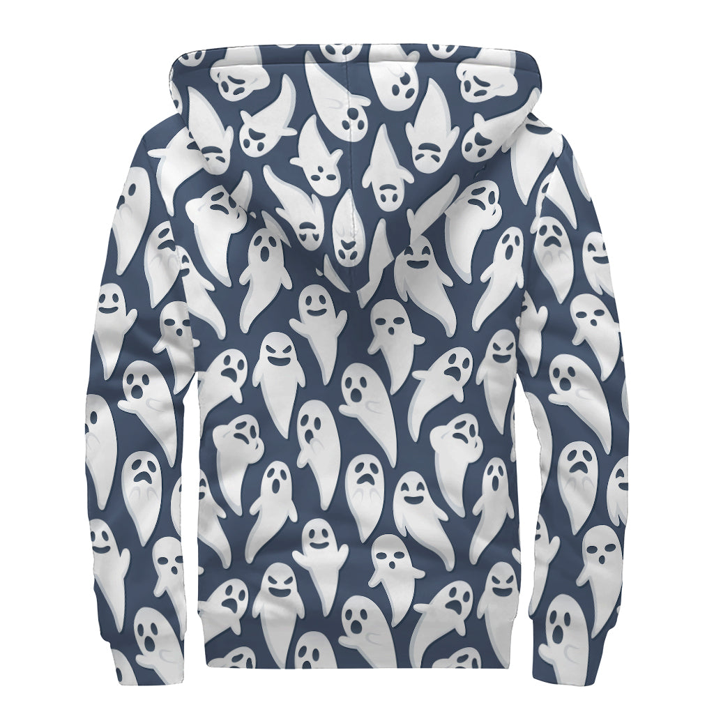 Halloween Ghost Pattern Print Sherpa Lined Zip Up Hoodie