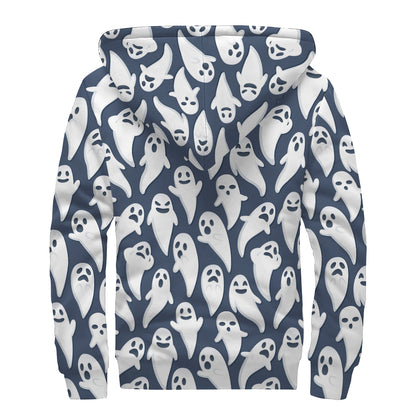 Halloween Ghost Pattern Print Sherpa Lined Zip Up Hoodie