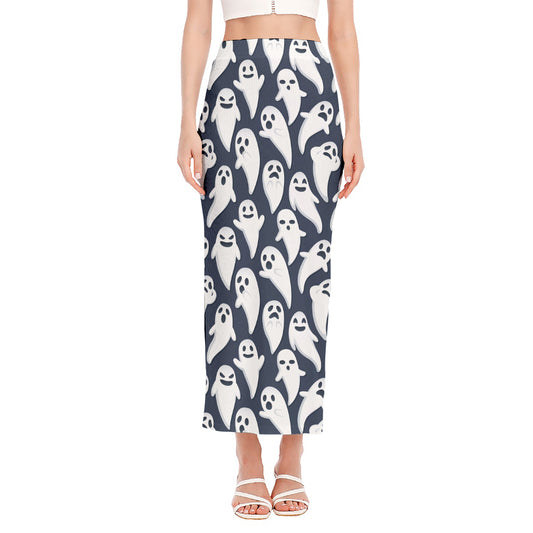 Halloween Ghost Pattern Print Side Slit Maxi Skirt