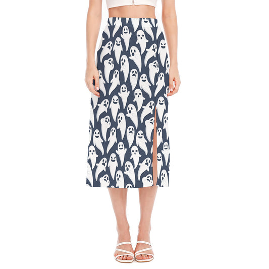 Halloween Ghost Pattern Print Side Slit Midi Skirt