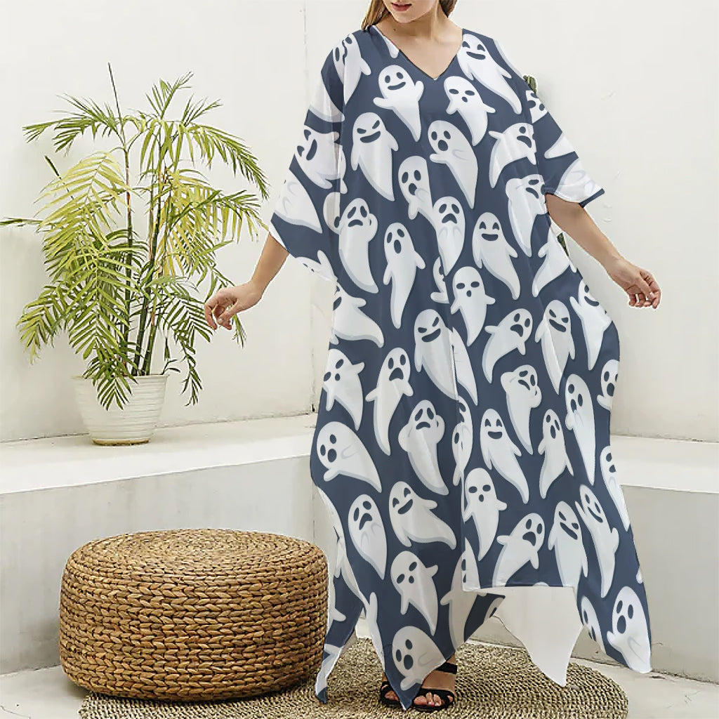 Halloween Ghost Pattern Print Silk V-Neck Kaftan Dress