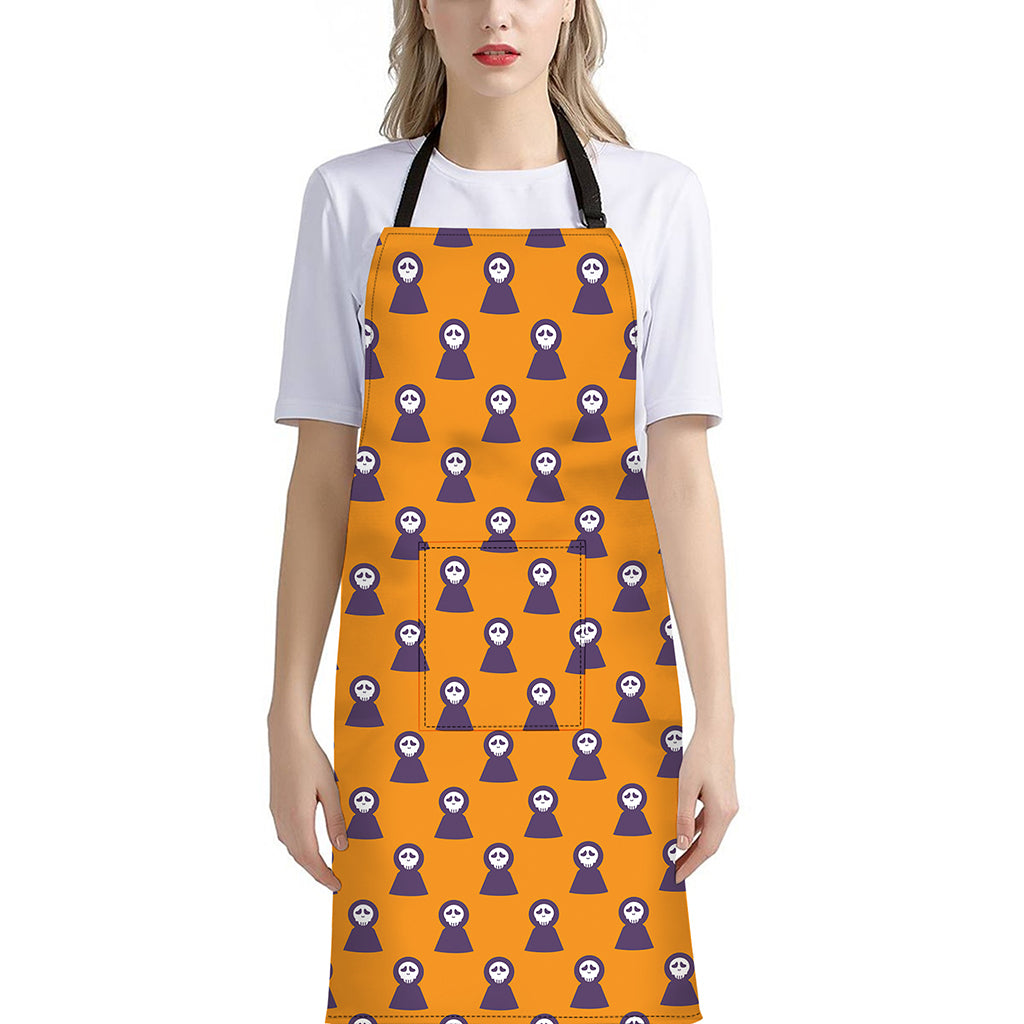 Halloween Grim Reaper Pattern Print Bib Apron With Pocket