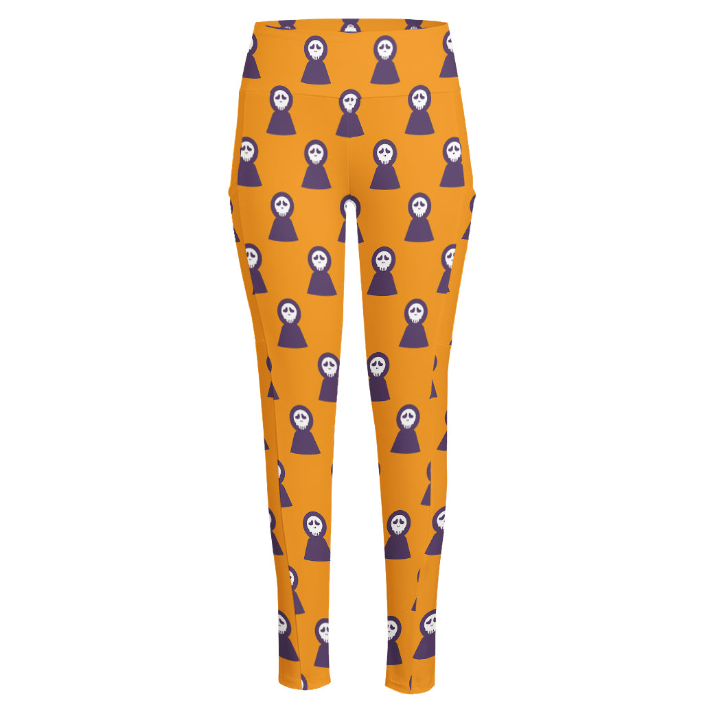 Halloween Grim Reaper Pattern Print High-Waisted Pocket Leggings