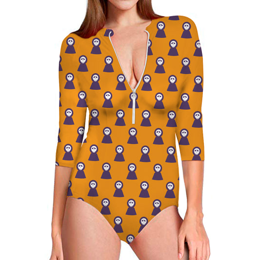 Halloween Grim Reaper Pattern Print Long Sleeve Swimsuit